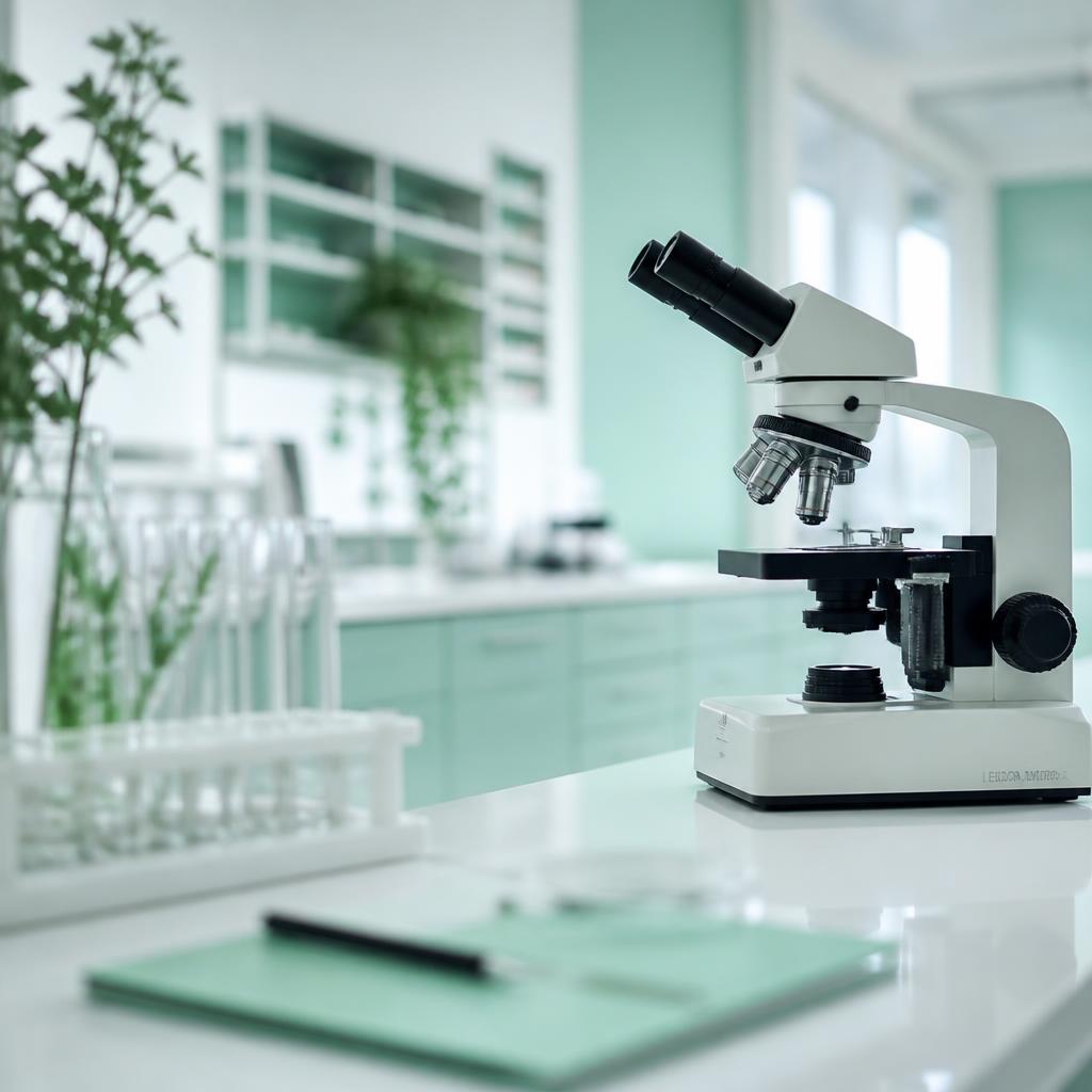 Microscope in a bright research laboratory
